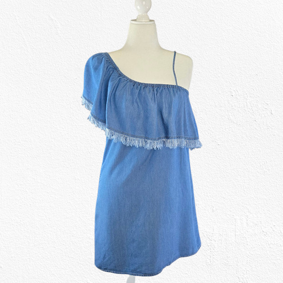 Splendid One Shoulder Indigo Tencel Ruffle Fringe Chambray Dress Size Large - Picture 1 of 9